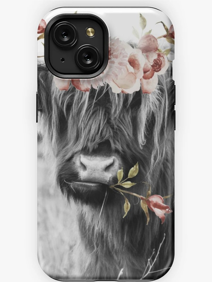 Redbubble Highland Cow Portait With Flowers Iphone Case New