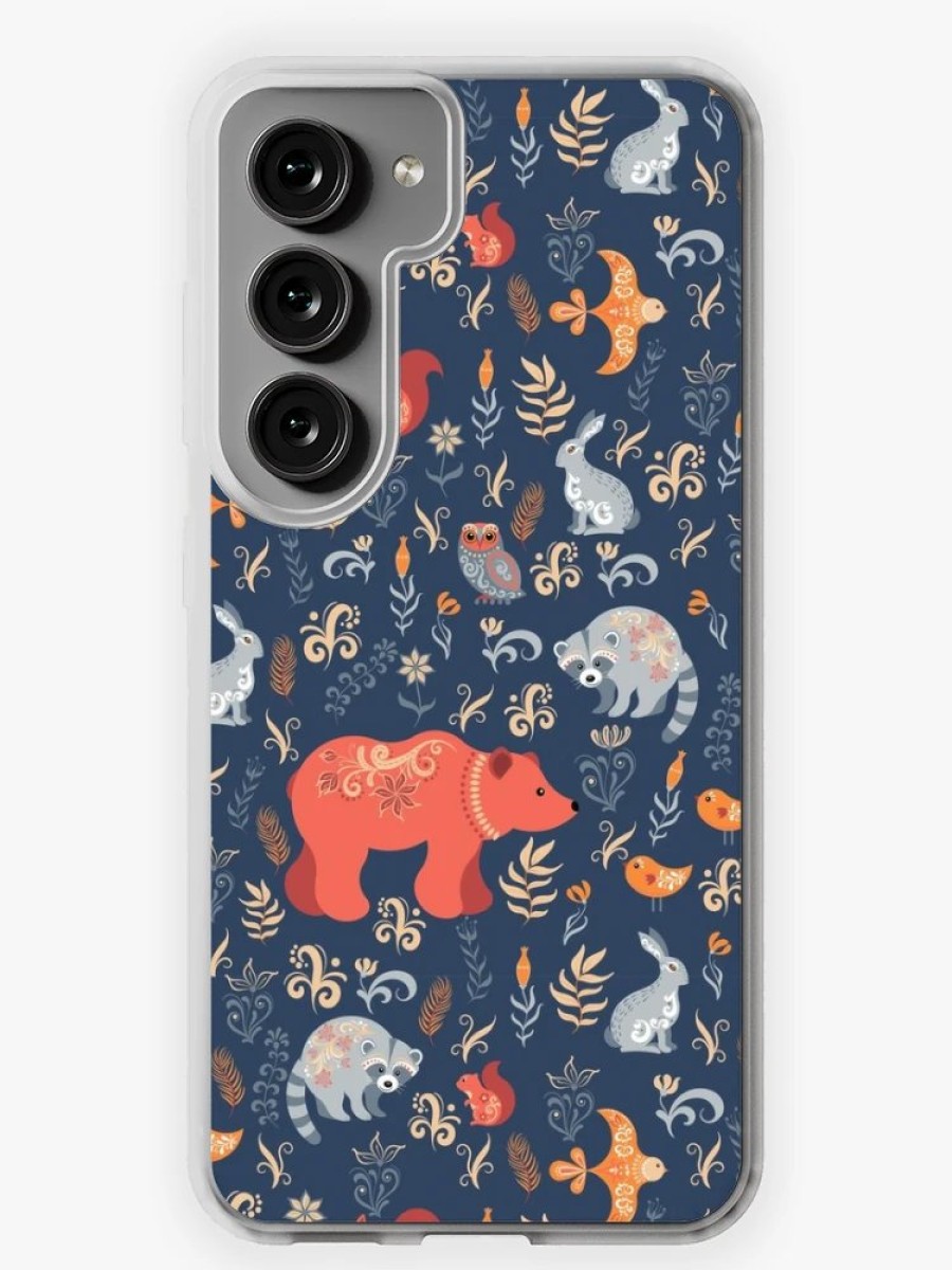 Redbubble Fairy-Tale Forest. Fox, Bear, Raccoon, Owls, Rabbits, Flowers And Herbs On A Blue Background. Samsung Galaxy Phone Case Hot