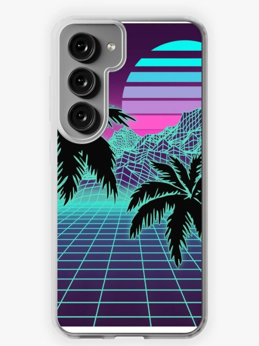 Redbubble Retro 80S Vaporwave Sunset Sunrise With Outrun Style Grid Print Samsung Galaxy Phone Case Hot