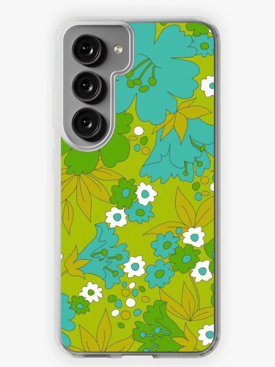 Redbubble Green, Turquoise, And White Retro Flower Pattern Samsung Galaxy Phone Case Hot