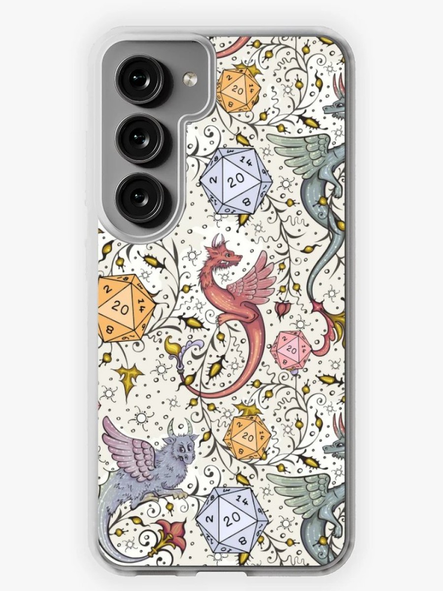 Redbubble Vintage Medieval Dragon And D20 Dice, Dnd Pattern, Floral, Blue, Yellow, Pink Samsung Galaxy Phone Case Hot