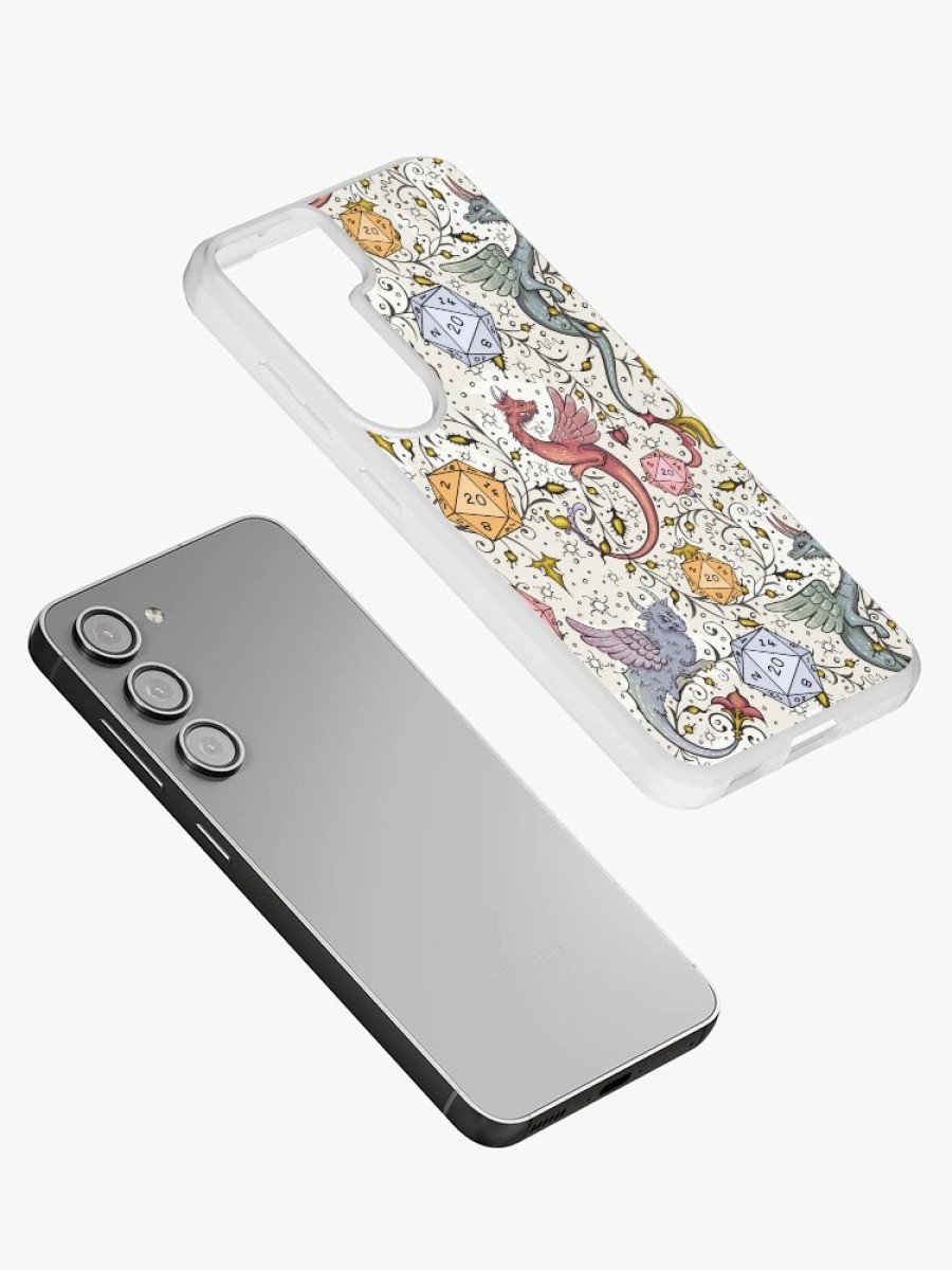 Redbubble Vintage Medieval Dragon And D20 Dice, Dnd Pattern, Floral, Blue, Yellow, Pink Samsung Galaxy Phone Case Hot