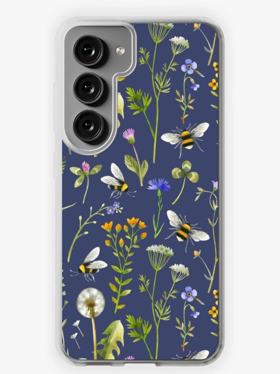 Redbubble Bees And Wildflowers / Dark Blue Samsung Galaxy Phone Case Hot