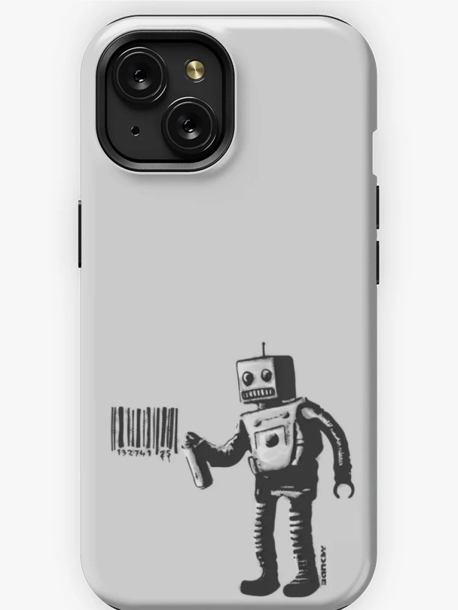 Redbubble Banksy Smiling Robot And Barcodes Better Out Than In New York City Residency Black And White Hd Hight Quality Online Store Iphone Case New