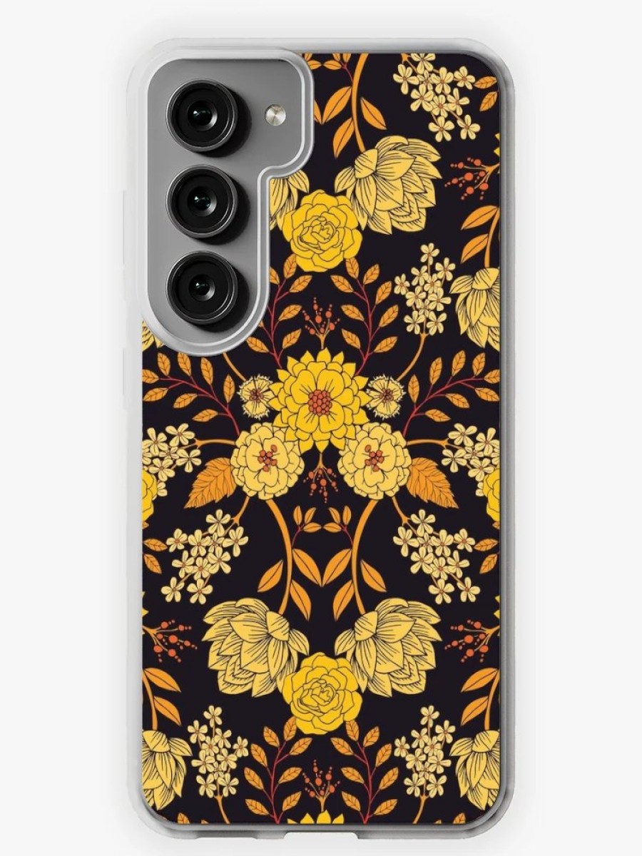 Redbubble Yellow, Orange & Navy Blue Dark Floral Pattern Samsung Galaxy Phone Case Best